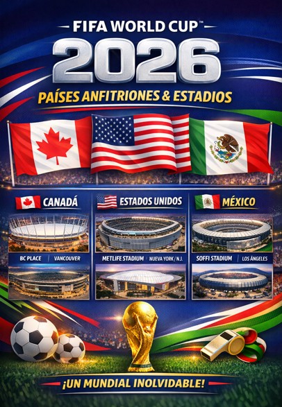 ⚽🌎FIFA World Cup 2026 graphic showing Canada USA Mexico flags and stadiums