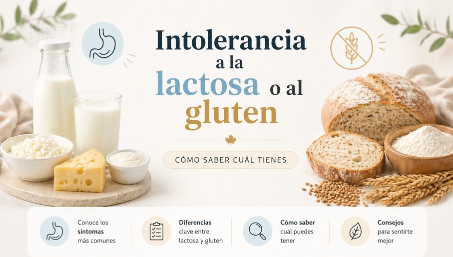 Intolerancia a la lactosa y al gluten comparadas con alimentos como leche, queso, pan y trigo en fondo claro