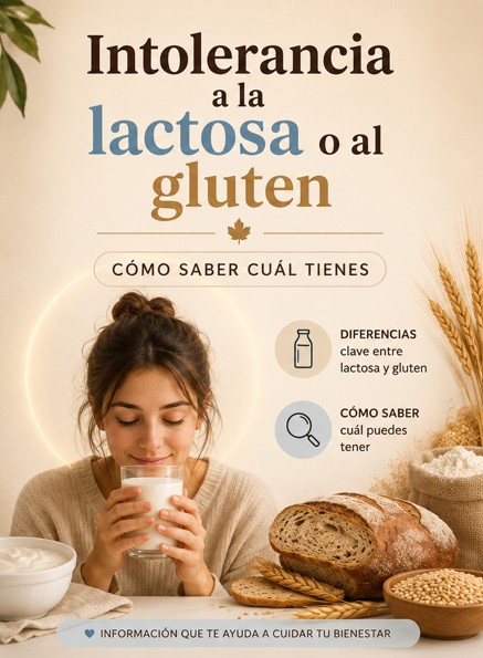 INTOLERANCIA a la lactosa o al gluten Cómo saber cuál tienes 💛 Imagen de persona con alimentos como leche y pan representando intolerancia a la lactosa y al gluten en un entorno cálido y saludable