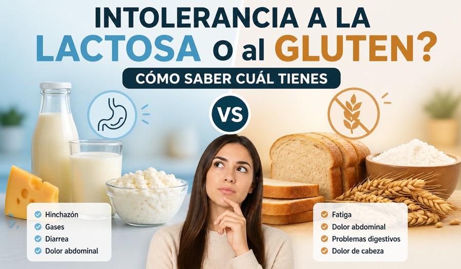 Comparación entre intolerancia a la lactosa y al gluten con síntomas como hinchazón, gases, fatiga y dolor abdominal