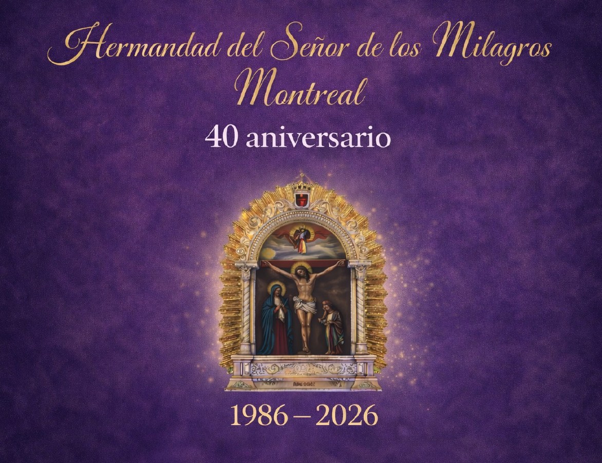 Hermandad del Señor de los Milagros en Montreal 40 aniversario 1986-2026 con imagen del Cristo Moreno en marco dorado sobre fondo morado elegante