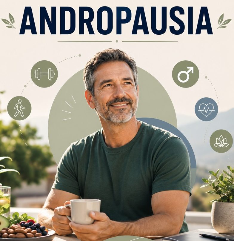 Hombre adulto de mediana edad sosteniendo una taza de café, con expresión tranquila y fondo suave, representando equilibrio y bienestar en la etapa de andropausia.
