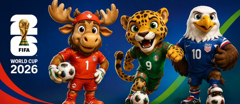 “Las tres mascotas oficiales del Mundial FIFA 2026 Maple Zayu y Clutch juntas” Ilustración oficial de las mascotas del Mundial FIFA 2026 mostrando a Maple (Canadá), Zayu (México) y Clutch (Estados Unidos) juntos en una composición vibrante, representando la unión de los tres países anfitriones y la pasión global por el fútbol.