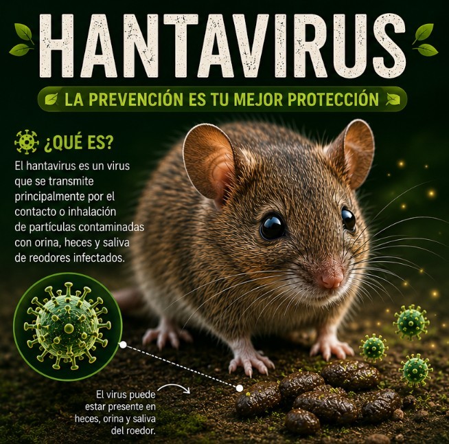 Ilustración de un ratón portador de hantavirus sosteniendo una partícula viral verde.