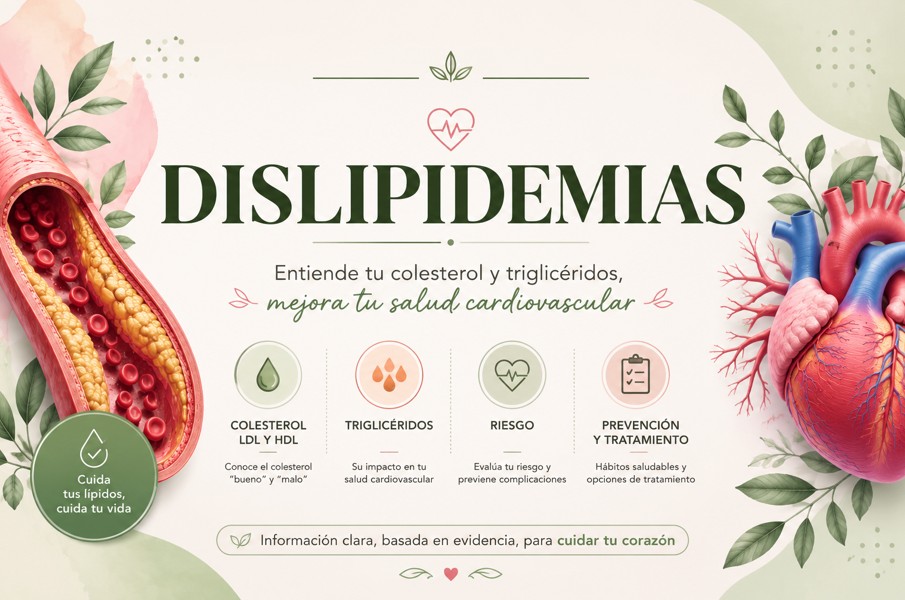 Banner médico sobre dislipidemias con ilustración del sistema cardiovascular y partículas de colesterol en sangre, destacando el título Dislipidemias