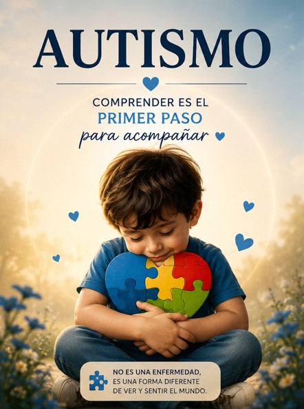 AUTISMO Comprender es el primer paso para acompañar 💙 Niño abrazando corazón de rompecabezas representando el autismo en un entorno cálido y emocional