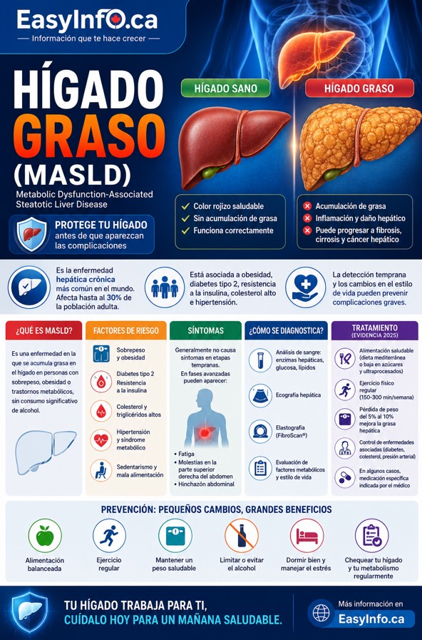 Hígado Graso (MASLD): La enfermedad silenciosa que puede dañar tu hígado Ilustración médica de un hígado sano y un hígado con acumulación de grasa, representando la enfermedad por hígado graso asociada a disfunción metabólica (MASLD).
