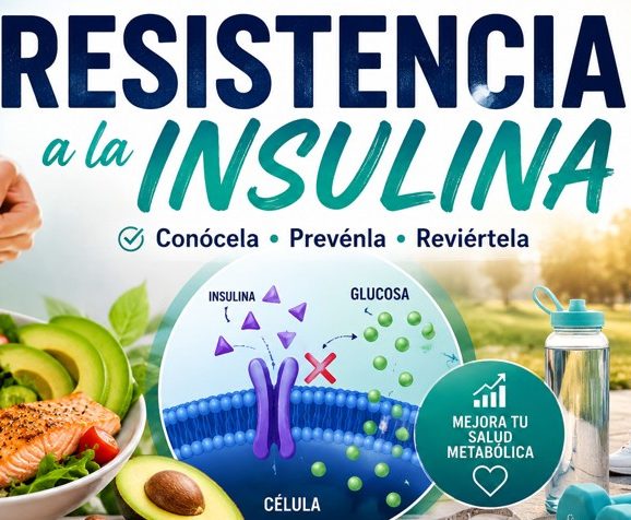 Diagrama educativo sobre insulina, glucosa y células en resistencia a la insulina