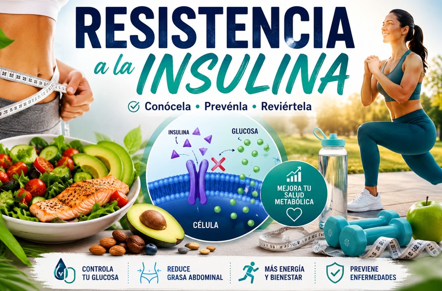 Diagrama educativo sobre insulina, glucosa y células en resistencia a la insulina