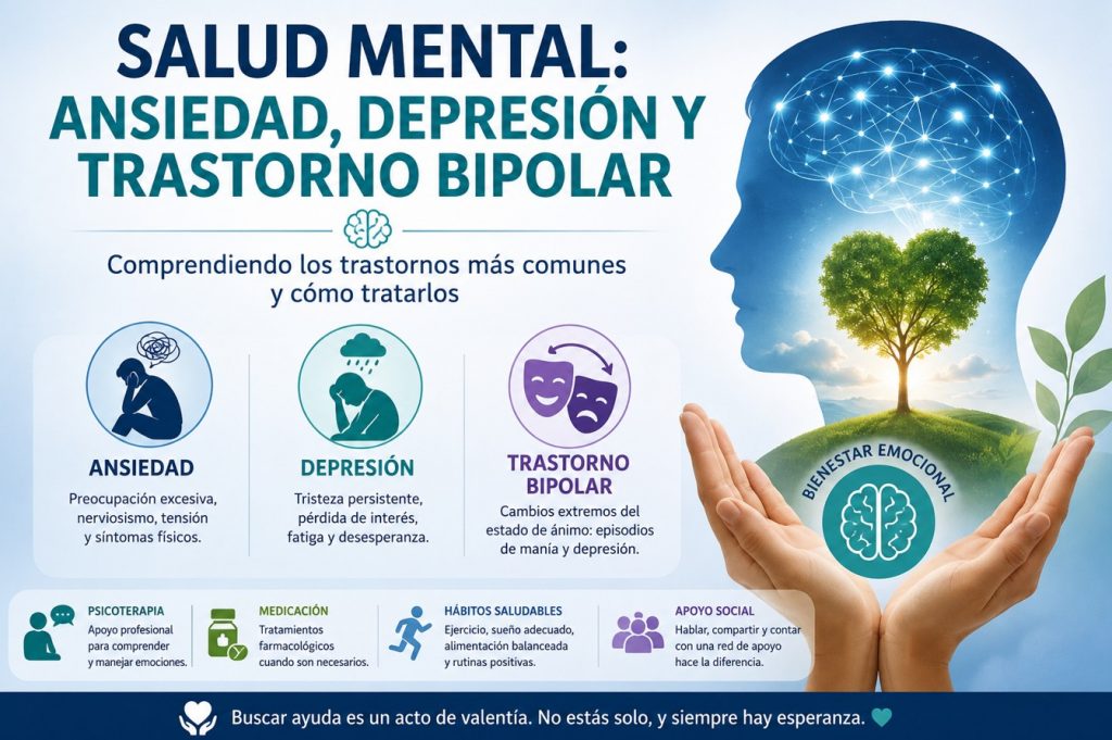 Infografía sobre salud mental que explica la ansiedad, la depresión y el trastorno bipolar, incluyendo síntomas, tratamiento y hábitos saludables para el bienestar emocional.