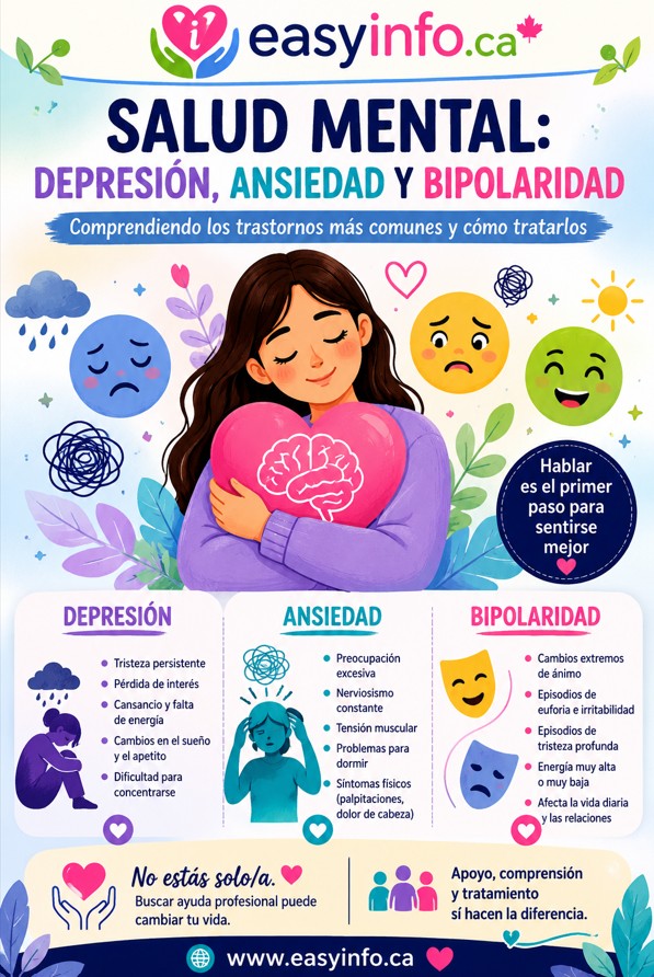 Infografía sobre salud mental que explica la ansiedad, la depresión y el trastorno bipolar, incluyendo síntomas, tratamiento y hábitos saludables para el bienestar emocional.