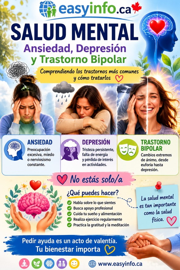 Infografía sobre salud mental que explica la ansiedad, la depresión y el trastorno bipolar, incluyendo síntomas, tratamiento y hábitos saludables para el bienestar emocional.