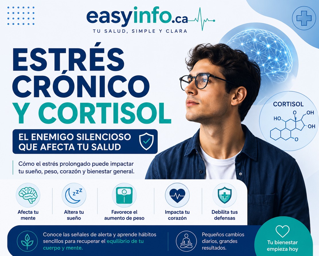 Infografía médica de EasyInfo.ca sobre estrés crónico y cortisol. Presenta a un hombre joven con expresión reflexiva junto a ilustraciones del cerebro y la molécula de cortisol. Incluye información sobre los efectos del estrés en el sueño, el peso, el corazón, las defensas y la salud mental.
